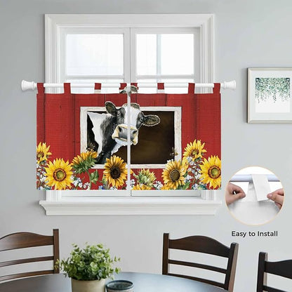 Cows Sunflowers Kitchen Curtains 24 Inch Length, Small Window Curtains Tab Top, Spring Botanical Floral Bees Red Barn Light Filtering Short Window Treatments Tier Drapes 27.5"x24" 2 Panel