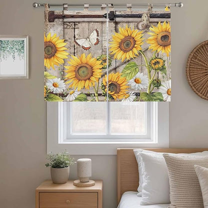 Farmhouse Sunflowers Bedroom Curtains 63 Inch Length, Window Curtains Tab Top, Rustic Barn Doors Flowers Butterfly Wooden Light Filtering Window Treatments Drapes 42"x63" 2 Panel