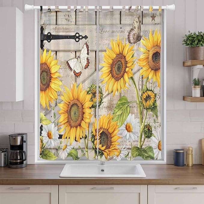 Farm Flowers Living Room Curtains 84 Inch Length, Window Curtains Tab Top, Retro Sunflowers Barn Doors Butterfly Wood Board Light Filtering Window Treatments Drapes 52"x84" 2 Panel