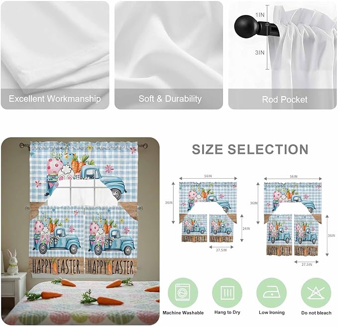 Swag Valance Curtains, Easter Truck with Rabbit Eggs Carrot Rod Pocket Valances Swag Topper for Kitchen Windows, Wood Barn and Blue Checker Light Filtering Short Curtain for Bedroom Bathroom 56x36In