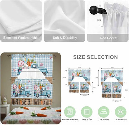 Swag Valance Curtains, Easter Truck with Rabbit Eggs Carrot Rod Pocket Valances Swag Topper for Kitchen Windows, Wood Barn and Blue Checker Light Filtering Short Curtain for Bedroom Bathroom 56x36In