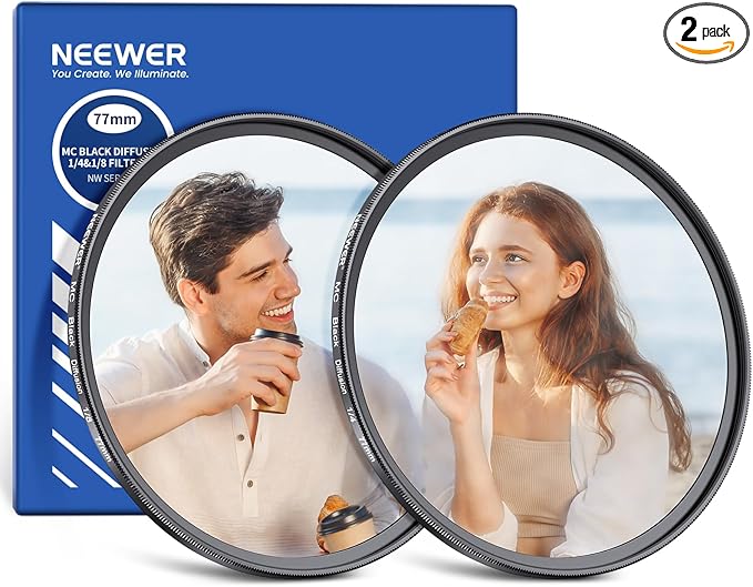 NEEWER 77mm 1/4 & 1/8 Black Diffusion Camera Lens Filter 2 Pack Set, Dreamy Cinematic Effect Filter Multicoated Glass Storage Case Cleaning Cloth, for Portrait Photography Video