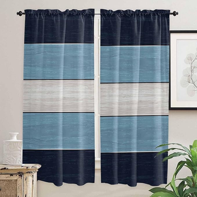 Vintage Country Woodcuts Window Valance Curtains, Blue Gradient Striped Light Filtering Kitchen Valance with 3-inch Rod Pocket for Living Room Bathroom Bedroom,2 Panel,52x72In