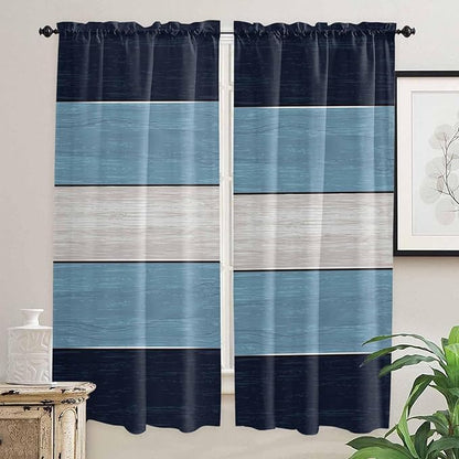 Vintage Country Woodcuts Window Valance Curtains, Blue Gradient Striped Light Filtering Kitchen Valance with 3-inch Rod Pocket for Living Room Bathroom Bedroom,2 Panel,52x72In