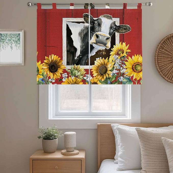 Cows Sunflowers Bedroom Curtains 63 Inch Length, Window Curtains Tab Top, Spring Botanical Floral Bees Red Barn Light Filtering Window Treatments Drapes 42"x63" 2 Panel
