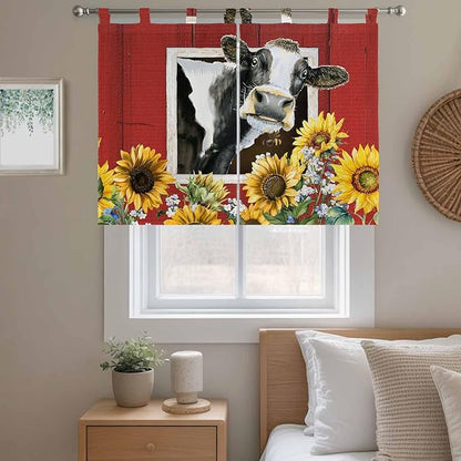 Cows Sunflowers Bedroom Curtains 63 Inch Length, Window Curtains Tab Top, Spring Botanical Floral Bees Red Barn Light Filtering Window Treatments Drapes 42"x63" 2 Panel