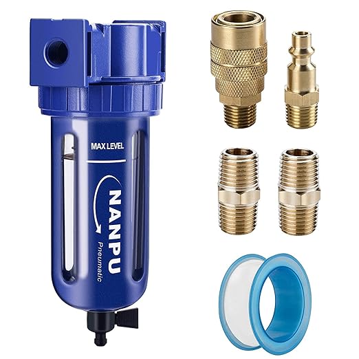 NANPU 1/2" NPT Compressed Air Filter, Zinc Alloy, 5 Micron Brass Element, Quick Release Bowl, Manual Drain, for Air Compressor ＆ Pneumatic Tools
