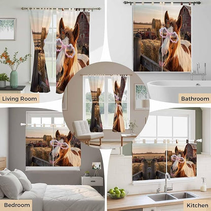 Farm Horses Living Room Curtains 84 Inch Length, Window Curtains Tab Top, Farmhouse Barn Funny Animals Butterfly Light Filtering Window Treatments Drapes 42"x84" 2 Panel