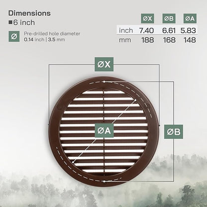 Vent Systems 6" Inch (Opening Dimensions) - Pack of 100 - Brown Soffit Vent Cover - Plastic Round Air Vent Grille - Built-in Mesh Screen - HVAC Register Louver for Bathroom, Home, Kitchen