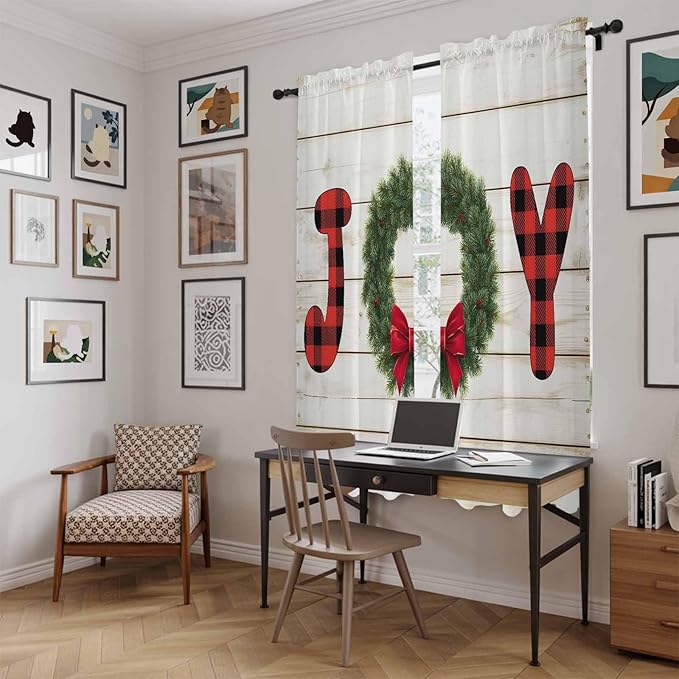 Christmas Wreaths Window Curtains 72 Inch Long 2 Panel Set,Rod Pocket Long Curtains & Drapes,Winter Bow Plaid Farmhouse Wooden Grain Window Treatment for Bedroom Living Room 52"W x 72"L