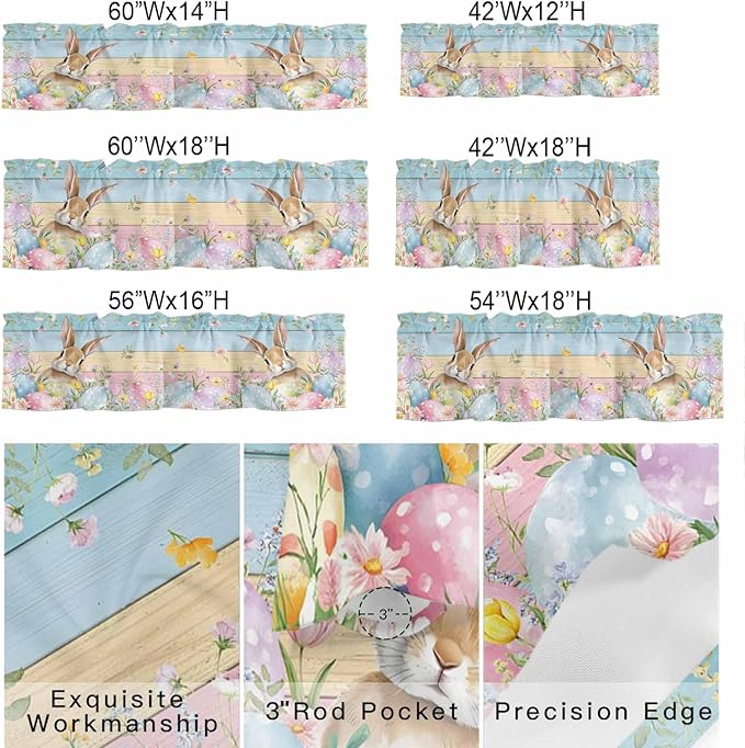 Kitchen Valances for Window, Spring Easter Eggs Rabbit Flower Light Filtering Rod Pocket Valance Curtain, Plant Colorful Wood Grain Short Curtains Window Topper for Bedroom Living Room 42x12in
