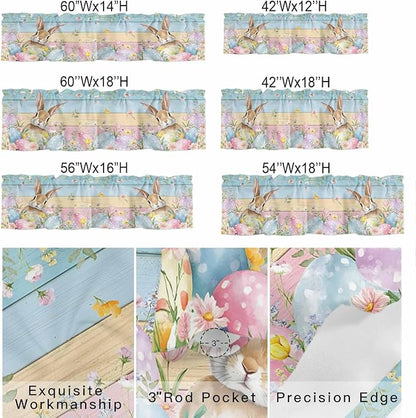 Kitchen Valances for Window, Spring Easter Eggs Rabbit Flower Light Filtering Rod Pocket Valance Curtain, Plant Colorful Wood Grain Short Curtains Window Topper for Bedroom Living Room 42x12in