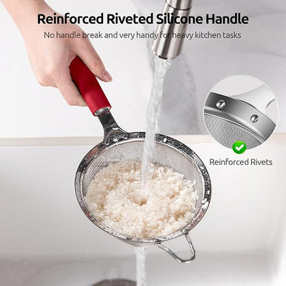 U-Taste Medium Fine Mesh Strainer: 18/8 Stainless Steel 4.73in 30 Mesh Kitchen Food Sieve with Sturdy Riveted Silicone Handle, Heavy Duty Deep Handheld Metal Colander for Rice, Quinoa, Flour (Red)