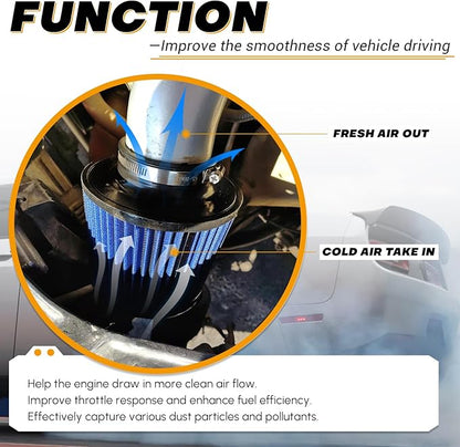 PTNHZ Universal Blue 3" 76mm High Flow Cold Air Intake Cone Air Filter Power Intake Air Inlet System Air Cleaner