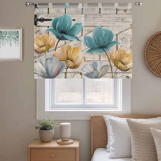 Watercolor Flowers Bedroom Curtains 63 Inch Length, Window Curtains Tab Top, Vintage Tulips Floral Barn Doors Wood Grain Light Filtering Window Treatments Drapes 42"x63" 2 Panel