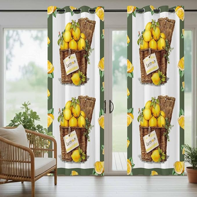 Lemon Outdoor Curtains for Patio Lemons in Baskets Summer Tropical Plants Green Waterproof Outside Curtains with Grommet Top Weatherproof Curtain for Cabana Pergola Gazebo, 2 Pack, 54" W x 84" L