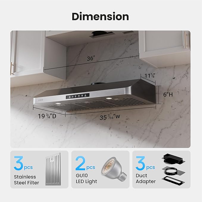 Under Cabinet Range Hood 36 Inch, 980CFM Fast Venting Kitchen Hood With 3 Speed Gesture Sensing & Touch Control, Stainless Steel Stove Hood With LED Light And 2 Baffle Filters