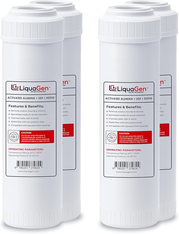LiquaGen Activated Alumina + Carbon + KDF-55 Replacement Water Filter Cartridge – Helps Manage Fluoride, Chlorine & Taste, Refillable 2.5" x 10", 2.5" x 20", 4.5" x 10", 4.5" x 20" (4, 2.5" x 10")