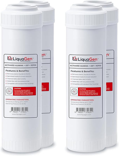 LiquaGen Activated Alumina + Carbon + KDF-55 Replacement Water Filter Cartridge – Helps Manage Fluoride, Chlorine & Taste, Refillable 2.5" x 10", 2.5" x 20", 4.5" x 10", 4.5" x 20" (4, 2.5" x 10")