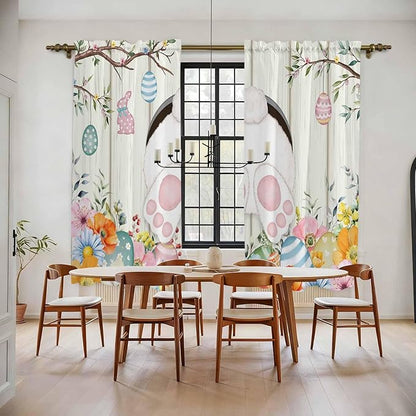 Easter Window Curtains 72 Inch Long 2 Panel Set,Rod Pocket Long Curtains & Drapes,Spring Farmhouse Watercolor Bunny Eggs Wood Grain Light Filtering Window Treatment for Bedroom Living Room 52"W x 72"L
