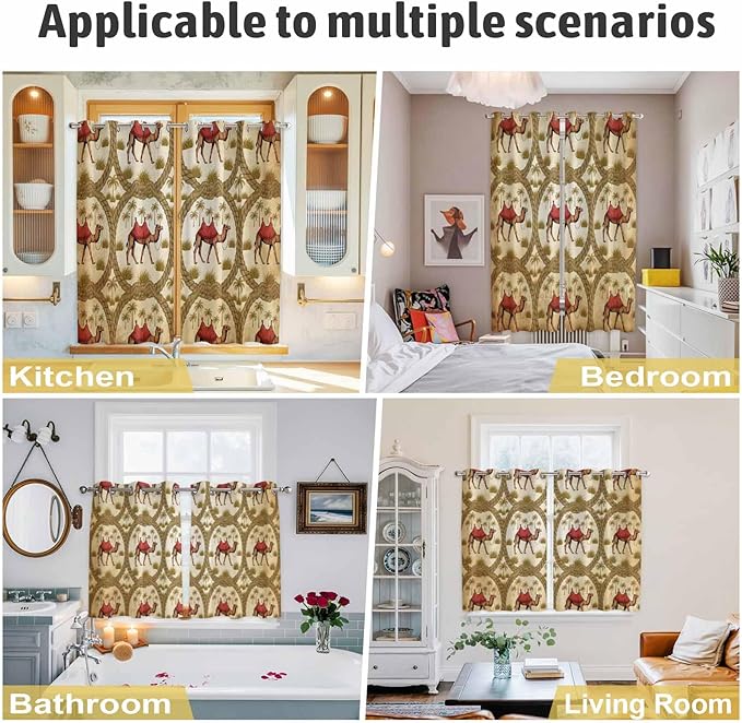 2 Panel Kitchen Cafe Curtains, Brown Desert Camels Sunlight Filtering Nature Air Through, Window Decor Tier Curtains for Living Room 104W x 90L inch Tropical Date Coconut Trees Cords Leaves