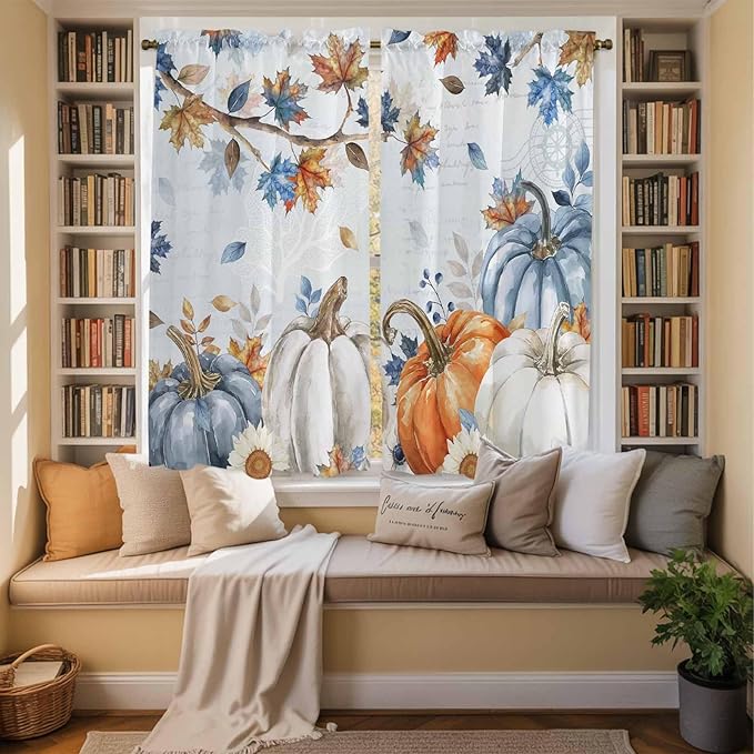 Fall Blue Maple Window Curtains 63 Inch Long 2 Panel Set, Rod Pocket Bedroom Curtains & Drapes, Thanksgiving Pumpkins Daisy Country Leaves Light Filtering Window Treatment for Living Room 42"W x 63"L