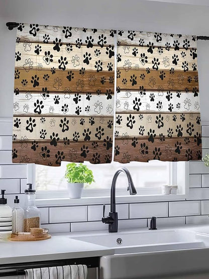 Sheer Curtains 45 Inch Length, Brown Beige Farmhouse Semi Sheer Curtains Light Filtering Window Treatment, Black Dog Paw Vintage Wooden Privacy Voile Drapes for Living Room Bedroom 52x45 Inch