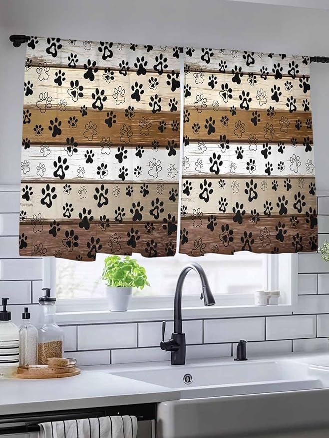 Sheer Curtains 54 Inch Length, Brown Beige Farmhouse Semi Sheer Curtains Light Filtering Window Treatment, Black Dog Paw Vintage Wooden Privacy Voile Drapes for Living Room Bedroom 52x54 Inch