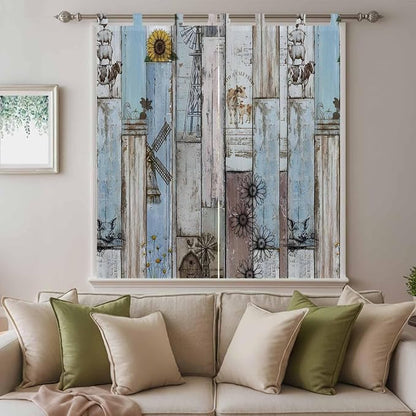 Blue Grey Wooden Living Room Curtains 84 Inch Length, Window Curtains Tab Top, Farmhouse Barn Sunflowers Retro Light Filtering Window Treatments Drapes 42"x84" 2 Panel
