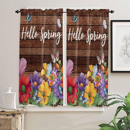 Spring Flowers Bedroom Curtains 63 Inches length, Watercolor Farmhouse Colorful Wooden Grain Window Treatment Curtain Drapes, Rod Pocket Curtain Panels for Living Room Kitchen, 42"x63", 2 Panels