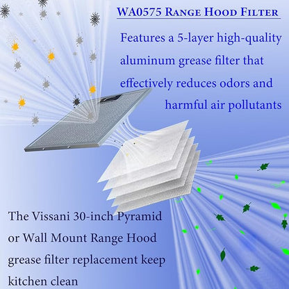 2-Pack Upgraded WA0575 Range Hood Filters Replacement With Stainless Latch 5-Layer Aluminum Mesh Fit for Vissani 30-inch Pyramid or WA0575 Wall Mount Range Hood Grease Filter by Size 14 3/8"x13 1/2"