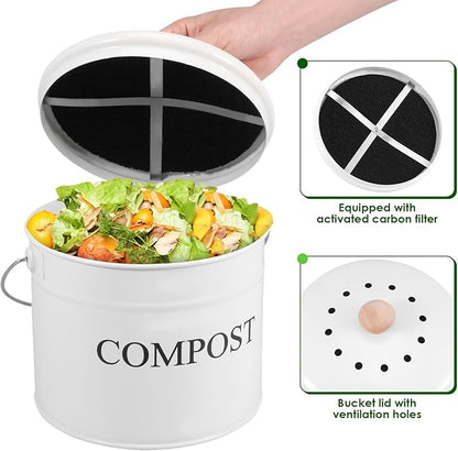Kitchen Compost Bin 0.8 Gallon Metal Countertop Compost Bin with Lid and Handle, Smell Resistant Indoor Waste Bucket for Food Waste(White,1)