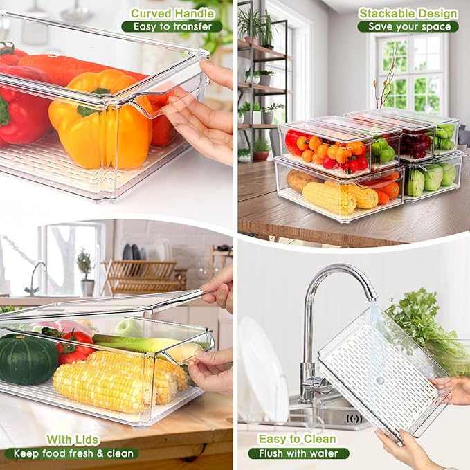 6 Pack Fridge Organizer, Stackable Refrigerator Organizer Bins with Lids, BPA-Free Fridge Organizers and Storage Containers for Fruit, Vegetable, Food, Drinks, Cereals, Clear