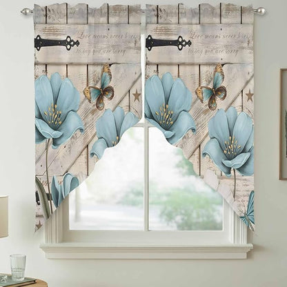 Teal Blue Tulips Swag Valances for Windows, Spring Floral Barn Doors Vintage Wood Beige Rod Pocket Kitchen Curtains Valance, Kitchen Window Curtains Swag for Cafe Living Room, 2 Panels, 36x63 inch