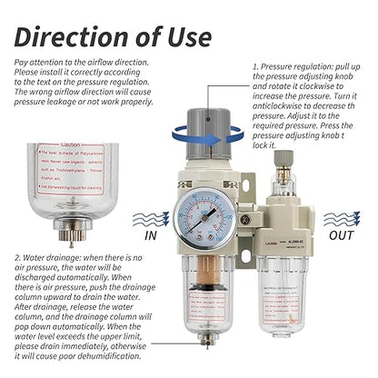 Air Pressure Regulator with Pressure Gauge(0-150PSI),Water Separator for Air Compressor Semi-Auto Drain 1/4 NPT Threaded Interface