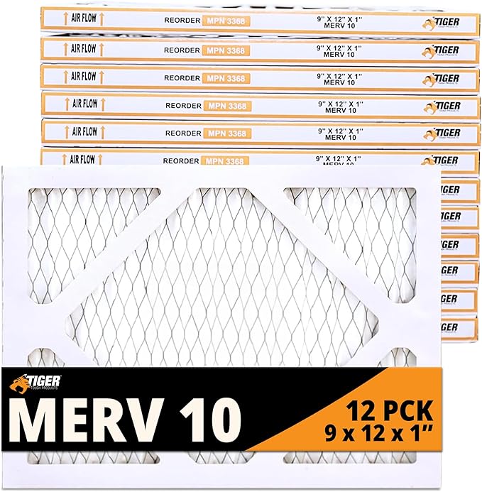 Tiger Tough MERV 10 Air Filters, 9x12x1 – MPR 1000 Pleated HVAC AC Furnace Filter Replacement for Home, Pack of 12