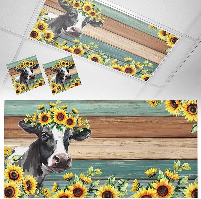 Fluorescent Light Covers Farm Cow Sunflower Magnetic Light Filters Vintage Blue Green Wood Grain Ceiling Light Covers for Classroom Office Home Drop Ceiling Lamp Decor 2 Pieces