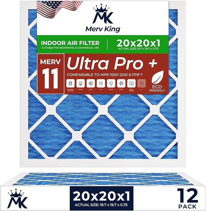 MervKing 20x20x1 Air Filter Actual Size: 19.7" x 19.7" x 0.75" MERV 11 MPR 1000-1200 | MADE IN USA | 12-Pack | Pleated HVAC AC Furnace Replacement