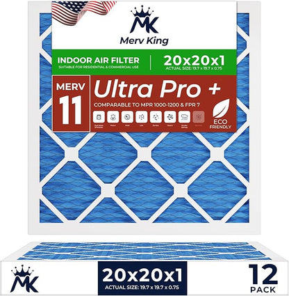 MervKing 20x20x1 Air Filter Actual Size: 19.7" x 19.7" x 0.75" MERV 11 MPR 1000-1200 | MADE IN USA | 12-Pack | Pleated HVAC AC Furnace Replacement
