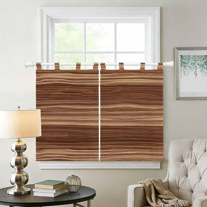 Brown Western Kitchen Curtains 45 Inch Length, Short Cafe Window Curtains Tab Top, Vintage Farmhouse Wood Barn Door Light Filtering Window Treatments Tier Drapes 27.5"x45" 2 Panel