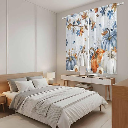 Fall Blue Maple Window Curtains 63 Inch Long 2 Panel Set, Rod Pocket Bedroom Curtains & Drapes, Thanksgiving Pumpkins Daisy Country Leaves Light Filtering Window Treatment for Living Room 42"W x 63"L