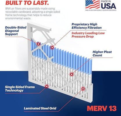 BNX TruFilter 12x12x1 Air Filter MERV 13 (6-Pack) - MADE IN USA - Electrostatic Pleated Air Conditioner HVAC AC Furnace Filters for Allergies, Pollen, Mold, Bacteria, Smoke, Allergen, MPR 1900 FPR 10