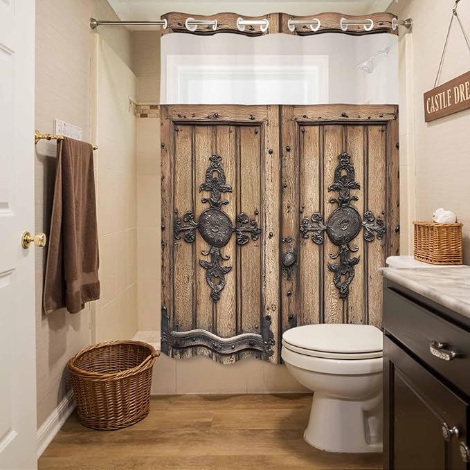 Wood Barn Door No Hook Shower Curtain with Snap in Liner Set, Waterproof Shower Curtains for Bathroom, Wooden Plank Fabric Shower Curtain, See Through Mesh Top Window, 72" W x 84" L