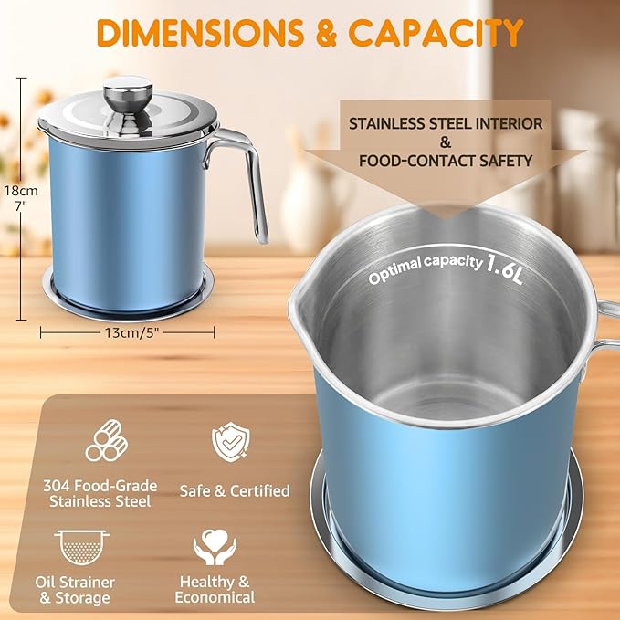 Chihee Stainless Steel Bacon Grease Saver - 2L / 67.6 fl oz Oil Container with Fine Mesh Strainer and Non-slip Tray for Kitchen Storing Frying Cooking Grease