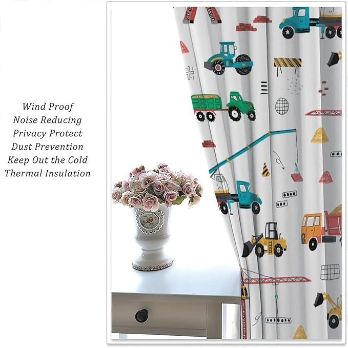 Construction Window Curtains, Kids Cartoon Construction Machines Building Hand Drawn Doodle Rod Pocket Decorative Windows Curtain for Children Teens Room Decor 63x72in (30% Blackout)