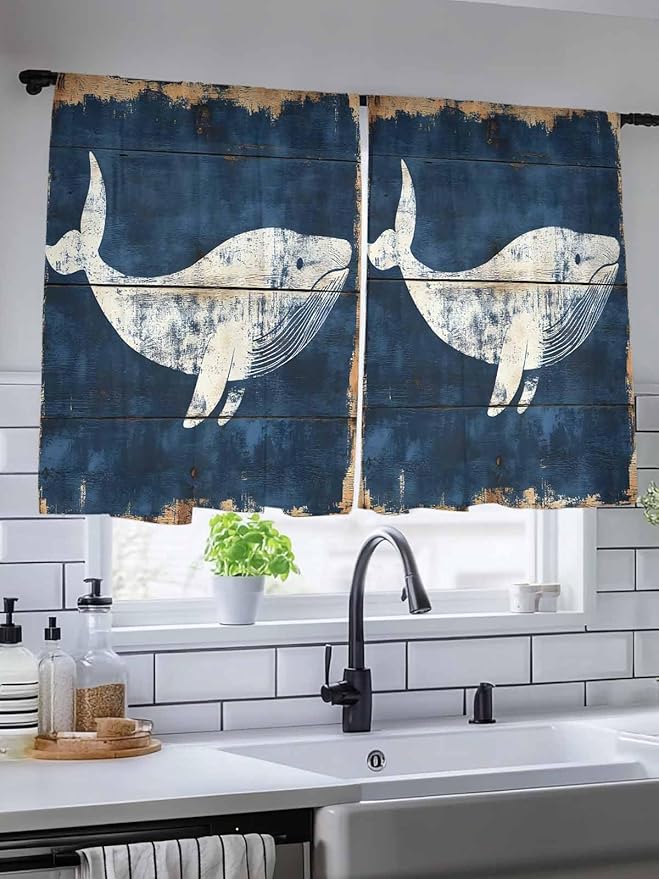 Sheer Curtains 54 Inch Length, Ocean Whale Blue Semi Sheer Curtains Light Filtering Window Treatment, Summer Sea Vintage Wooden Grain Privacy Voile Drapes for Living Room Bedroom 52x54 Inch