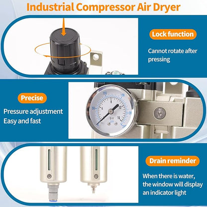 3/4" NPT Industrial Grade 3 Stage Air Compressor Drying System, 0-240 PSI, Particulate & Coalescing Filters, Auto Drain Air Compressor Water Separator System Filter Oil for Paint Spray＆ Plasma Cutter