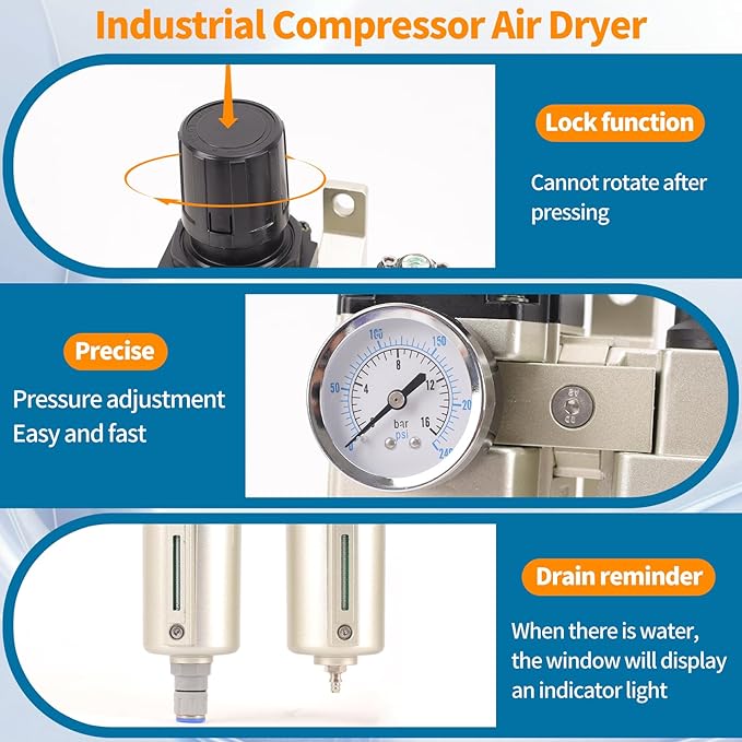 1/2" NPT Industrial Grade 3 Stage Air Compressor Drying System, 0-240 PSI, Particulate & Coalescing Filters, Auto Drain Air Compressor Water Separator System Filter Oil for Paint Spray＆ Plasma Cutter