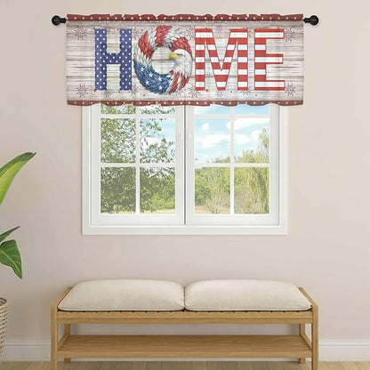 4th of July Sheer Valances for Windows 60"x18", Light Filtering Kitchen Curtains Valance, Stars Striped Farmhouse American Flag Wood Grain Rod Pocket Chiffon Curtains for Living Room Bedroom Cafe