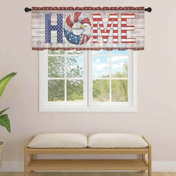 4th of July Sheer Valances for Windows 54"x18", Light Filtering Kitchen Curtains Valance, Stars Striped Farmhouse American Flag Wood Grain Rod Pocket Chiffon Curtains for Living Room Bedroom Cafe